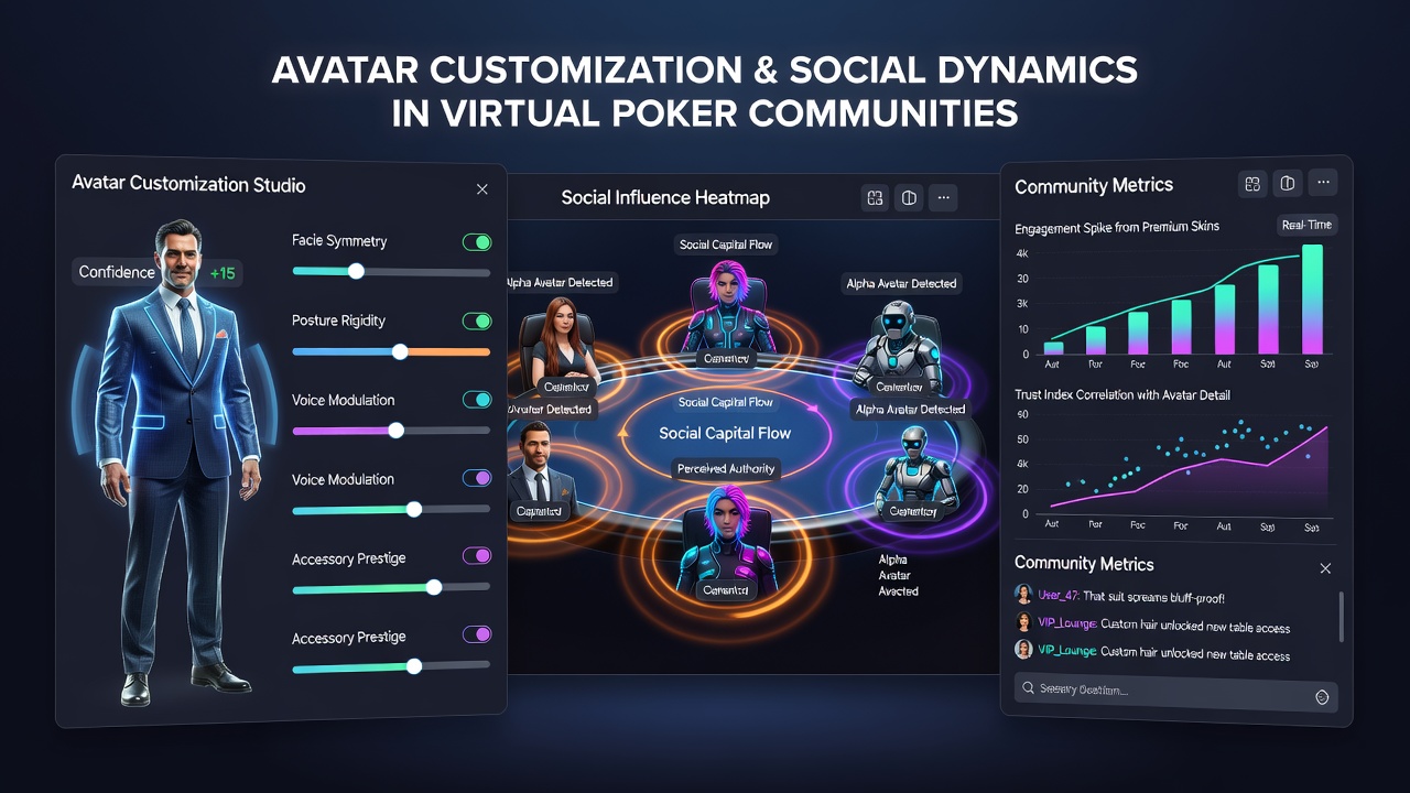 Group of customized avatars gathered around a virtual poker table during a community tournament event
