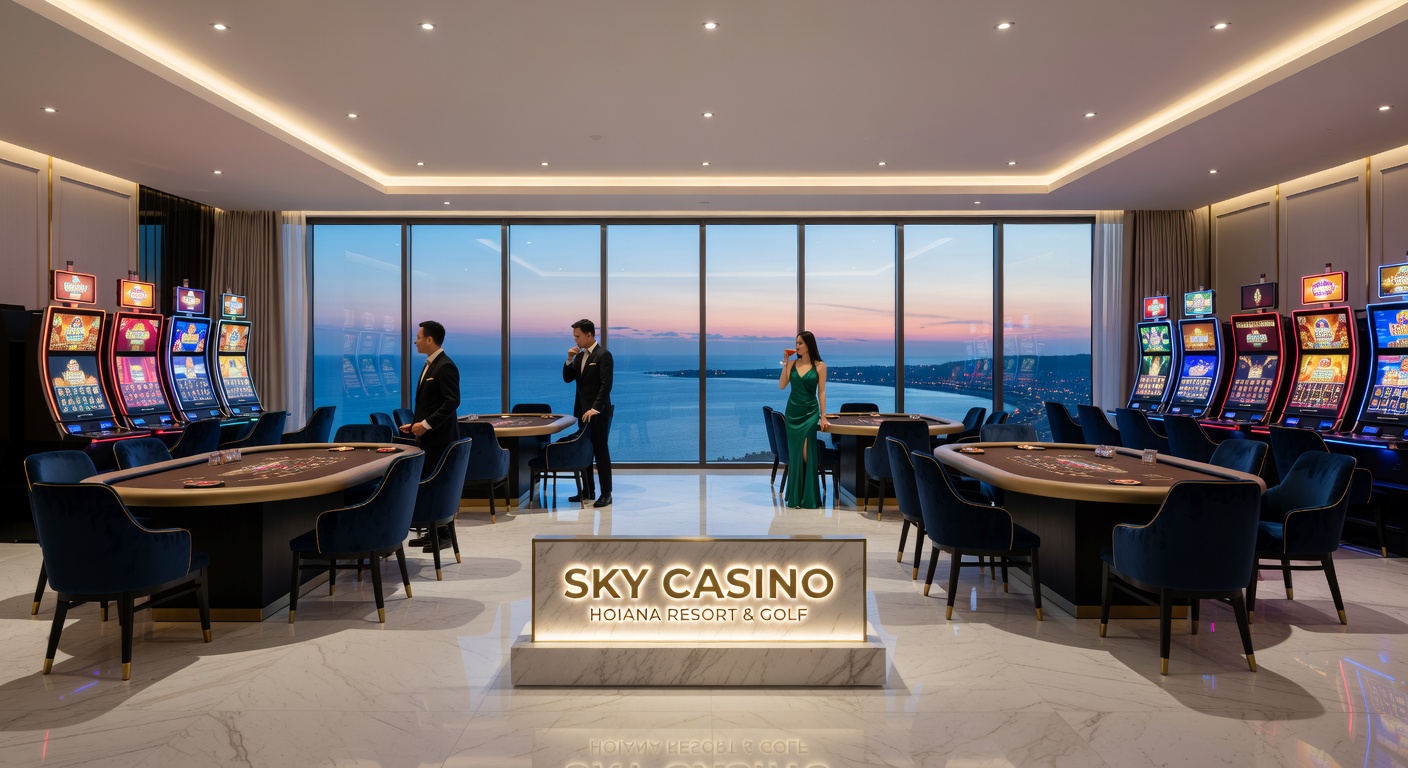 Sky Bar lounge area overlooking the coastline at Hoiana Resort with seating and bar setup
