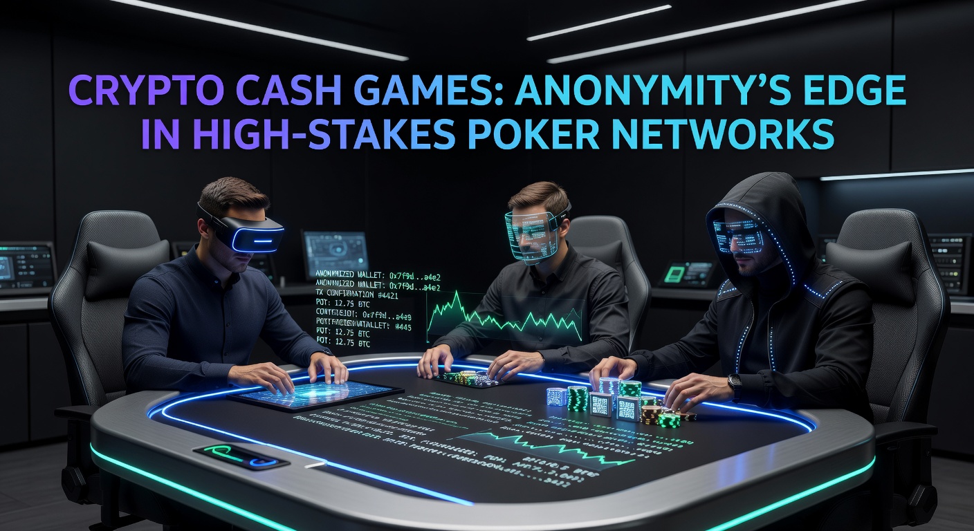 Digital poker table illuminated by blockchain nodes, symbolizing anonymous high-stakes crypto cash games