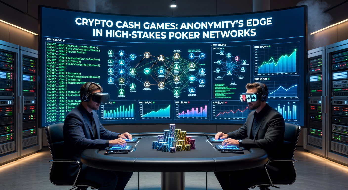 Anonymous poker players at a virtual crypto table exchanging blockchain tokens amid glowing screens