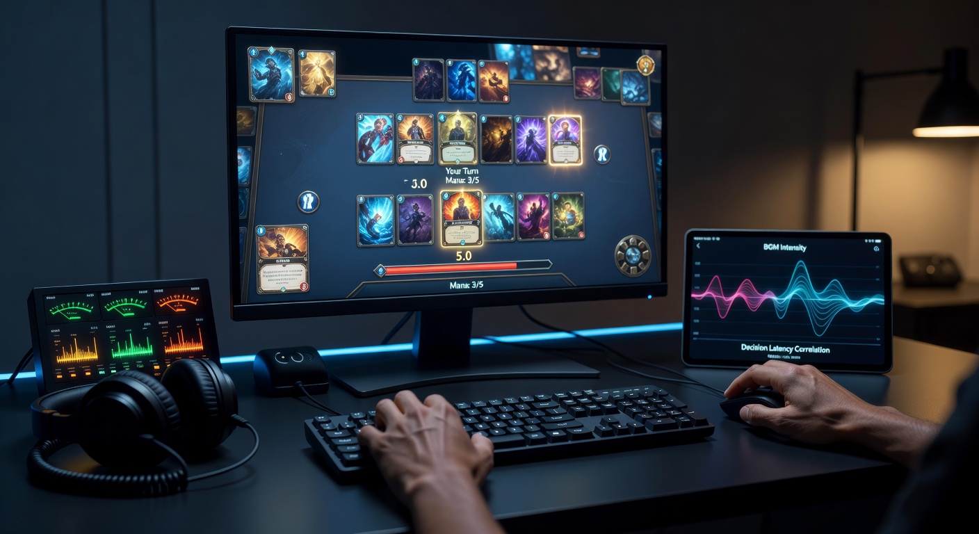 Digital card game screen showing interface elements alongside subtle audio waveform visuals representing background soundtracks
