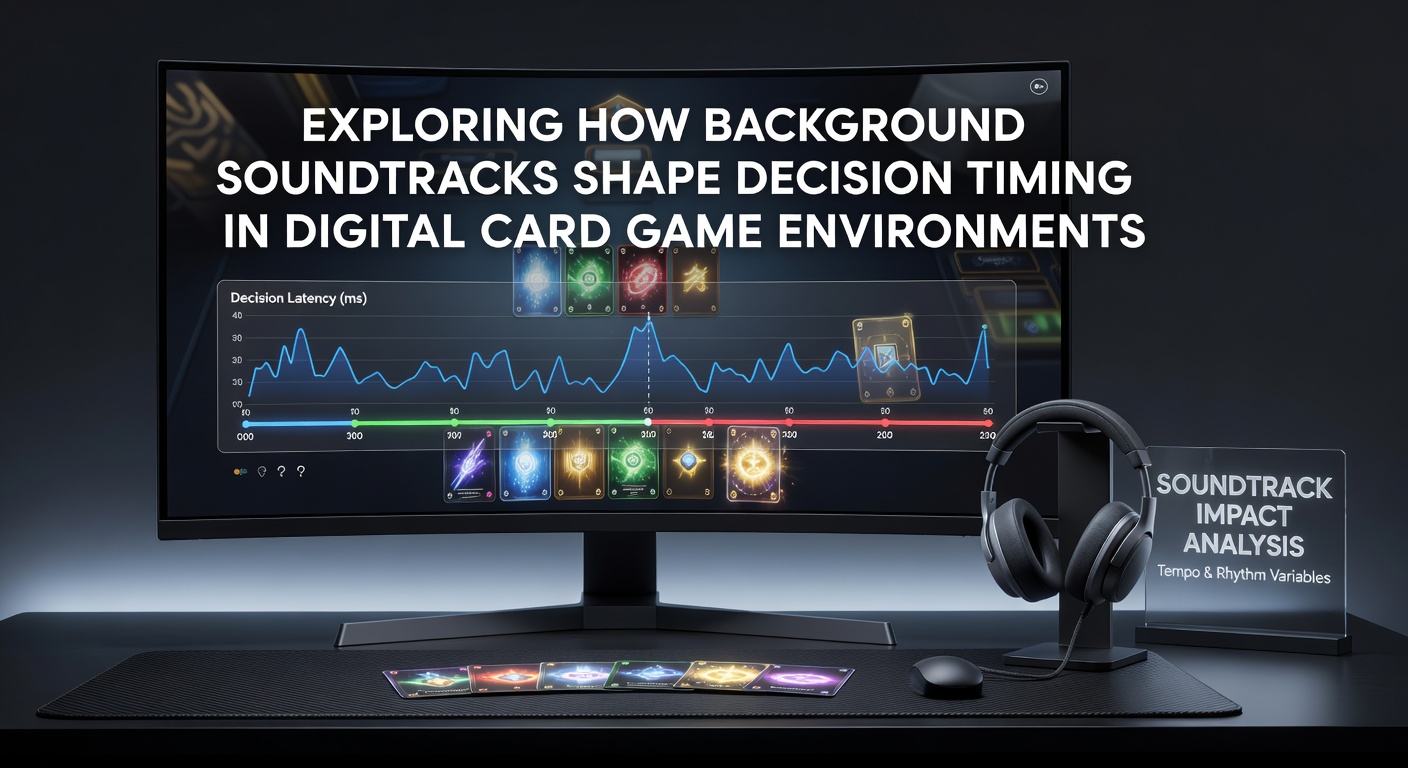 Close-up view of a digital card game table with overlaid timing metrics and faint background audio visualization