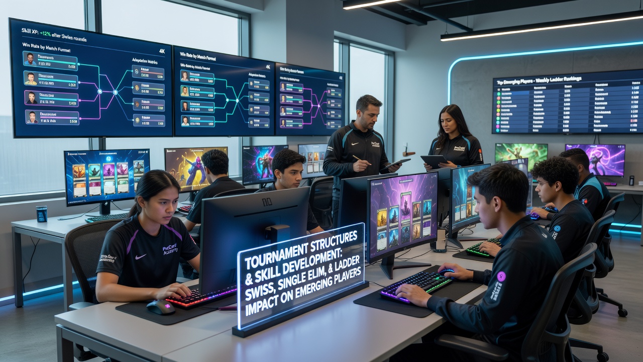 Players analyzing tournament statistics on digital interfaces during a card competition