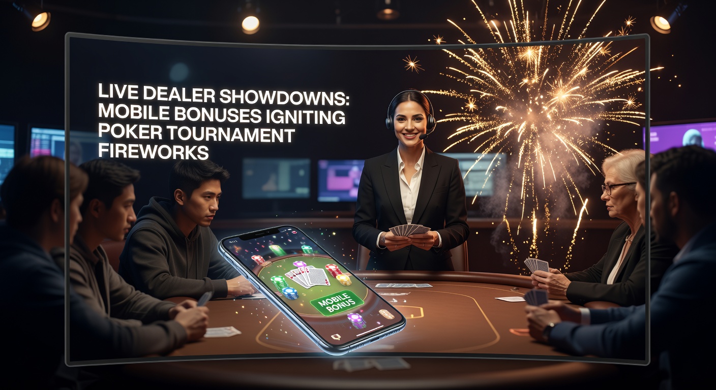A live dealer hosting an intense poker showdown on a mobile screen, with players competing in real-time tournaments fueled by bonus offers