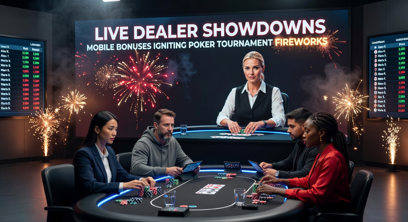 Mobile app screen displaying poker tournament bonuses and a live dealer showdown in progress, highlighting entry fireworks and prize pool growth
