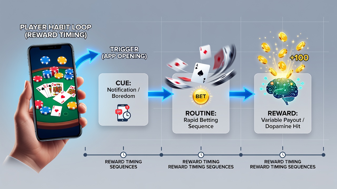 Data visualization dashboard showing reward timing intervals and player return frequency graphs for table game applications