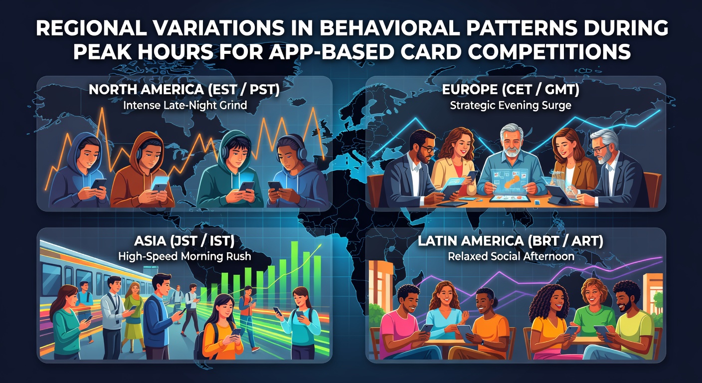 Map showing regional differences in user engagement during peak hours for app-based card competitions across Asia, Europe, and North America