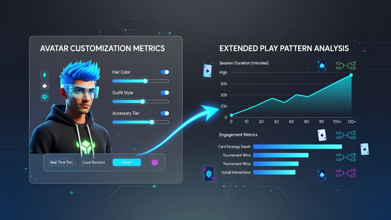 Avatar customization interface in a mobile card tournament app showing options for character appearance and accessories